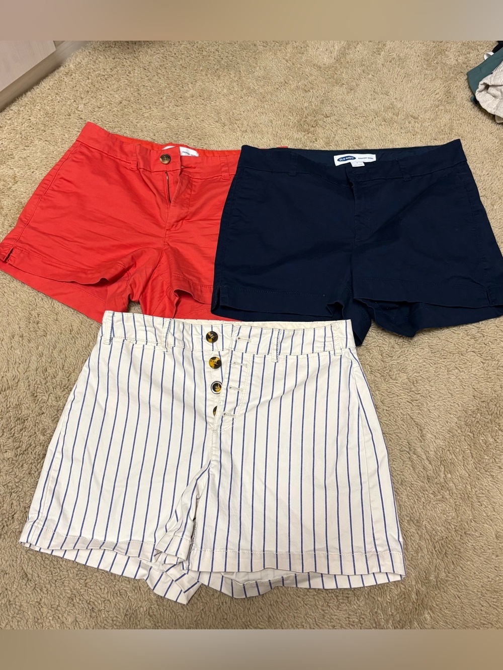 Three-Pack Old Navy Shorts – Red, Navy, and White Pinstripe